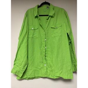 Lino by Chico's Button Down Shirt Womens Size 3 Linen Green‎ Lightweight Casual